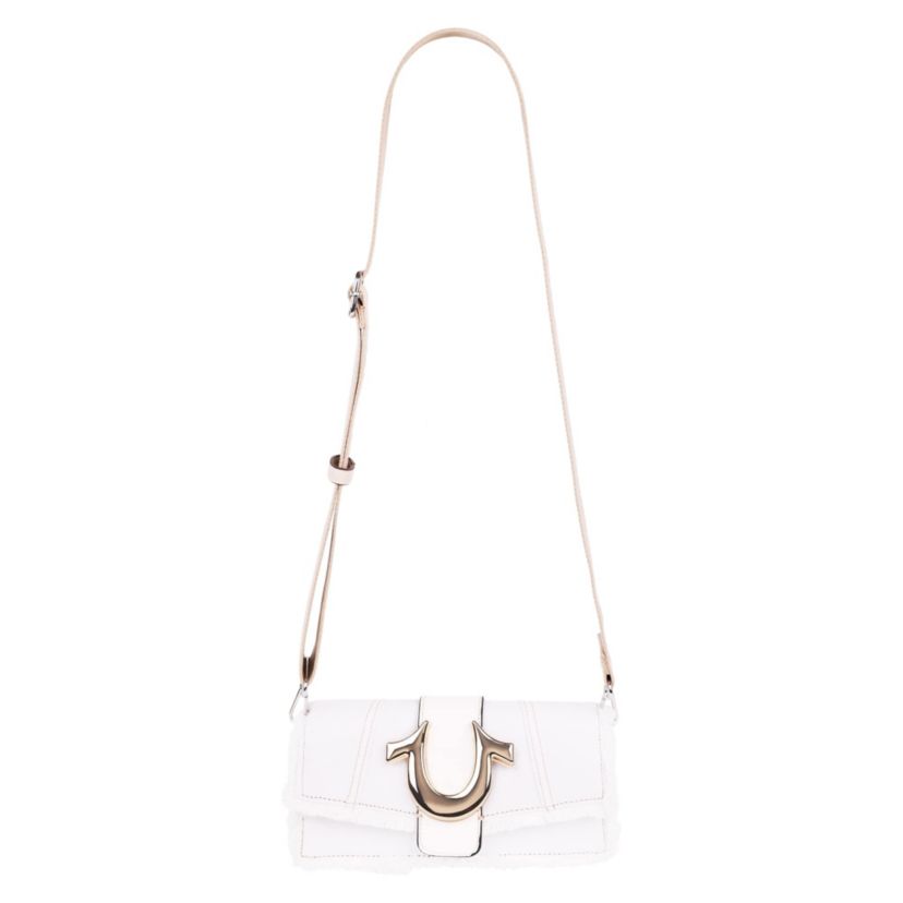 True Religion Frayed Denim Flap Bag with Logo Strap