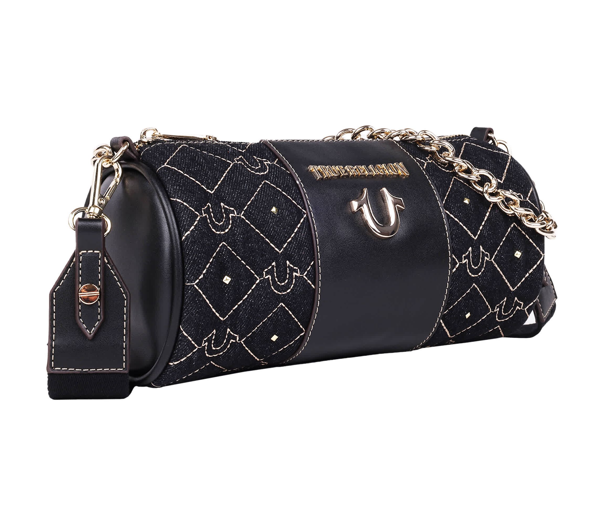 True Religion Studded Denim Zip Top Barrel Bag