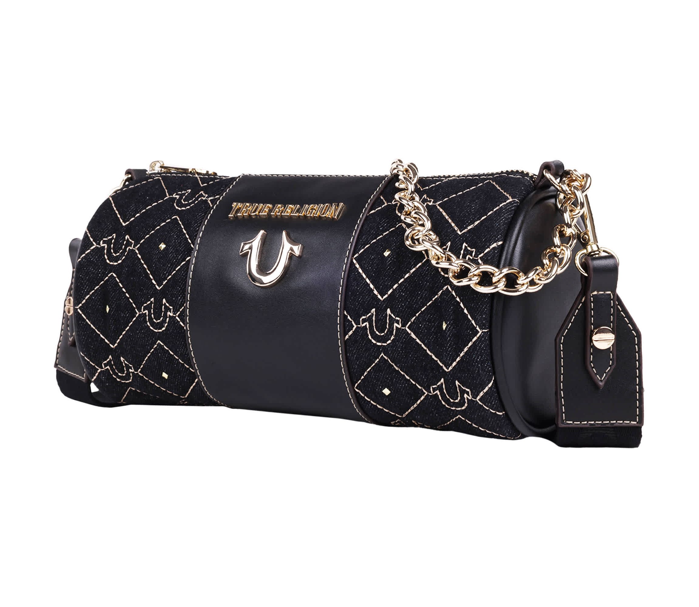 True Religion Studded Denim Zip Top Barrel Bag