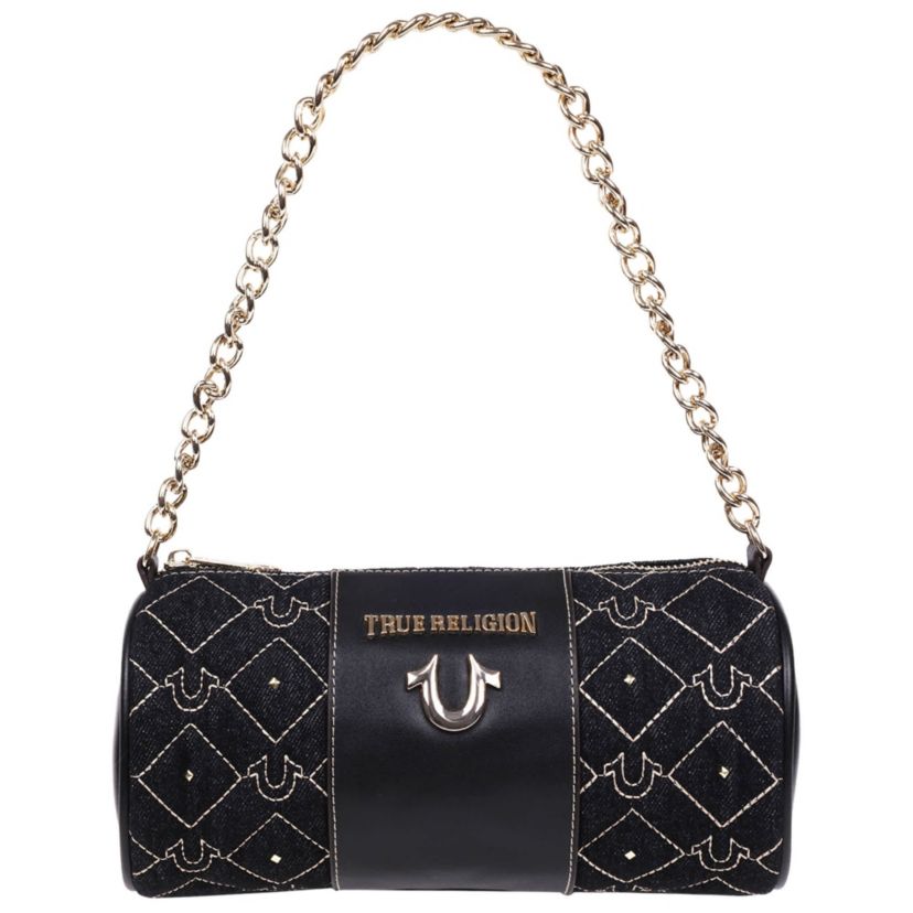 True Religion Studded Denim Zip Top Barrel Bag