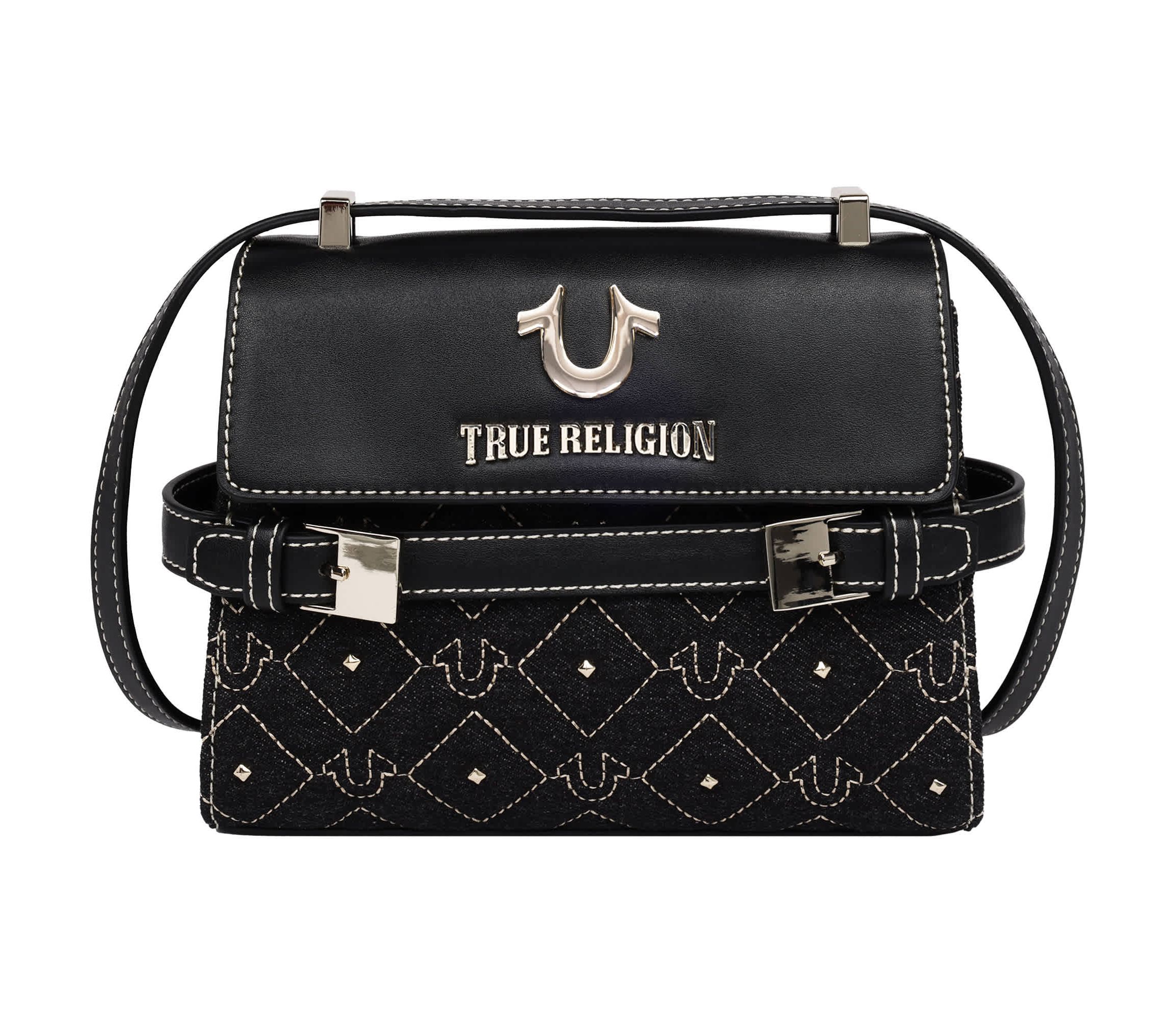 True Religion Studded Denim Flap Crossbody Bag