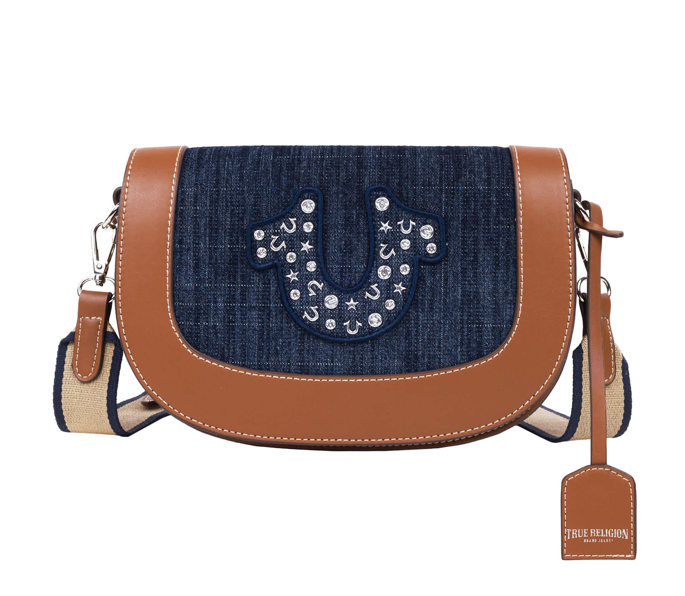 True Religion Studded Logo Denim Flap Bag