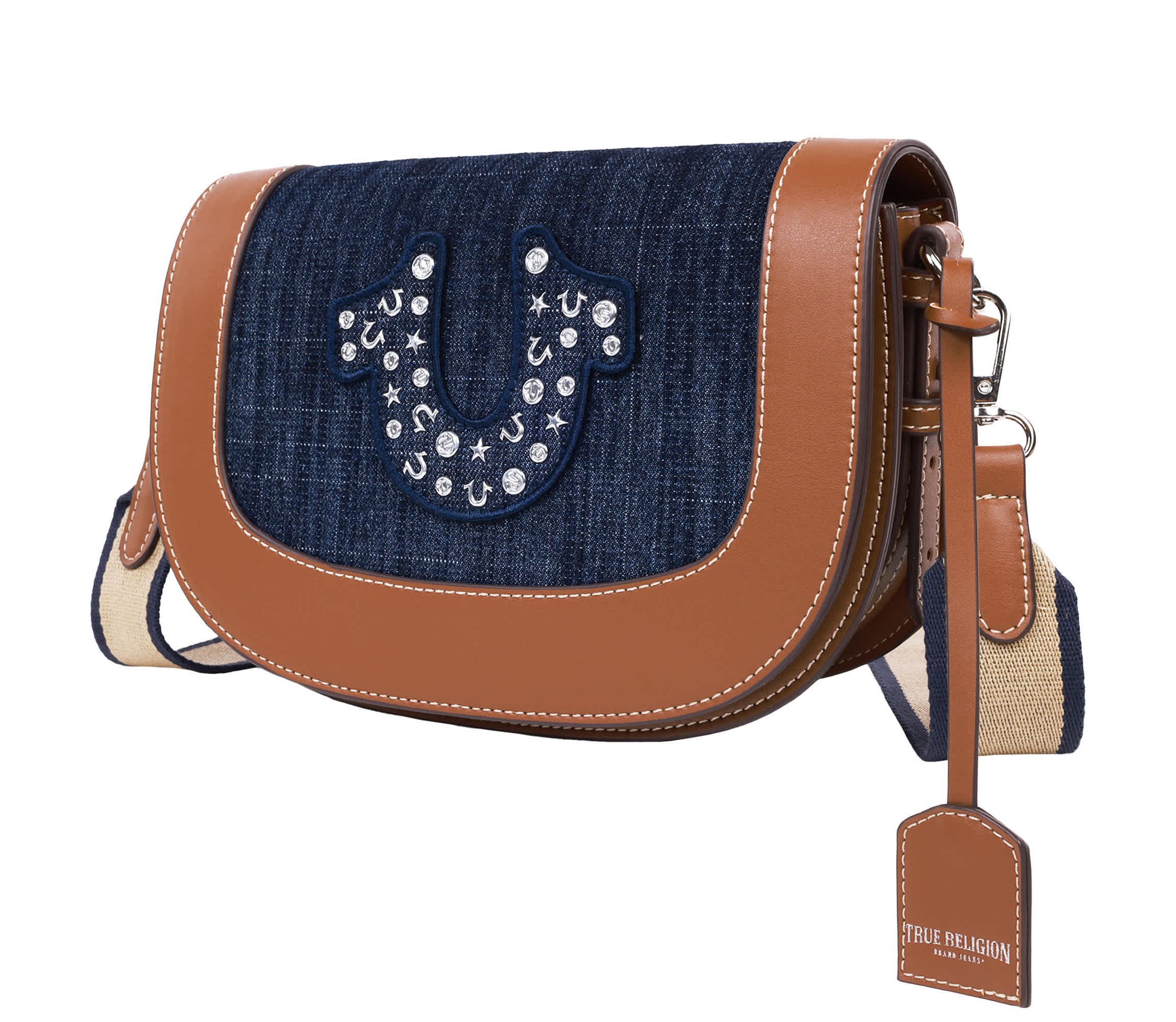 True Religion Studded Logo Denim Flap Bag