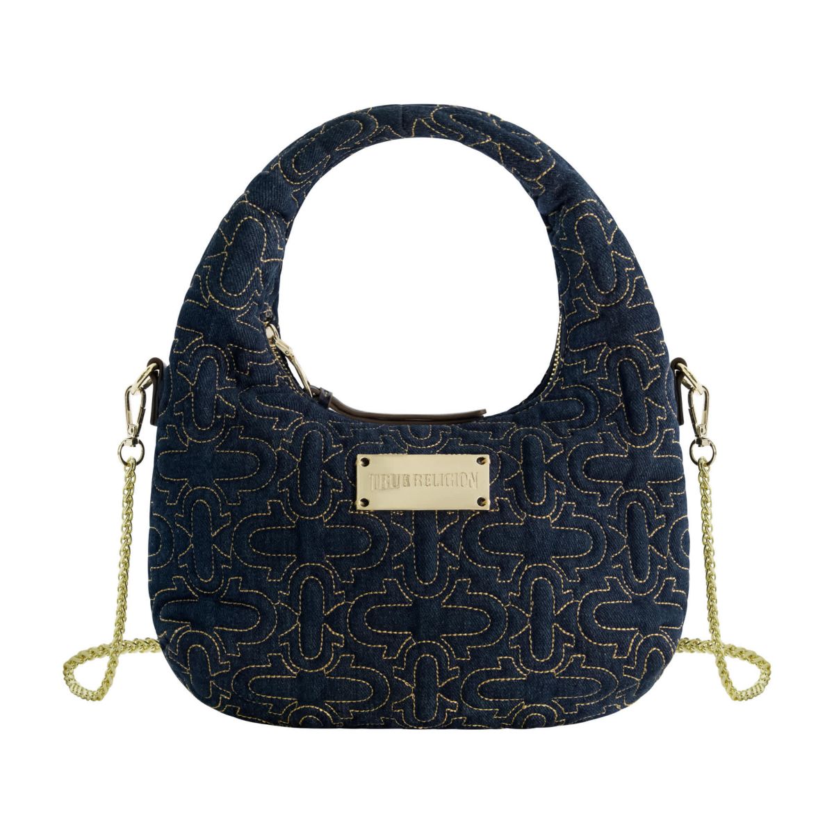 True Religion Womens Quilted Denim Hobo Bag with Gold Detailing