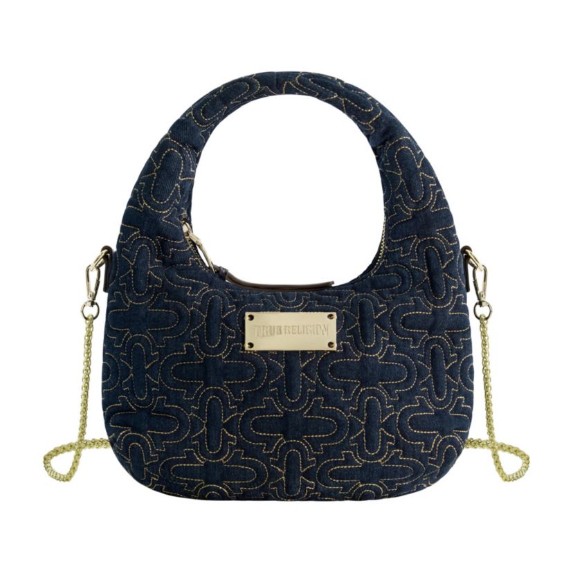 True Religion Womens Quilted Denim Hobo Bag with Gold Detailing