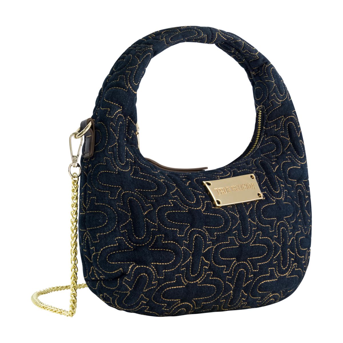 True Religion Womens Quilted Denim Hobo Bag with Gold Detailing