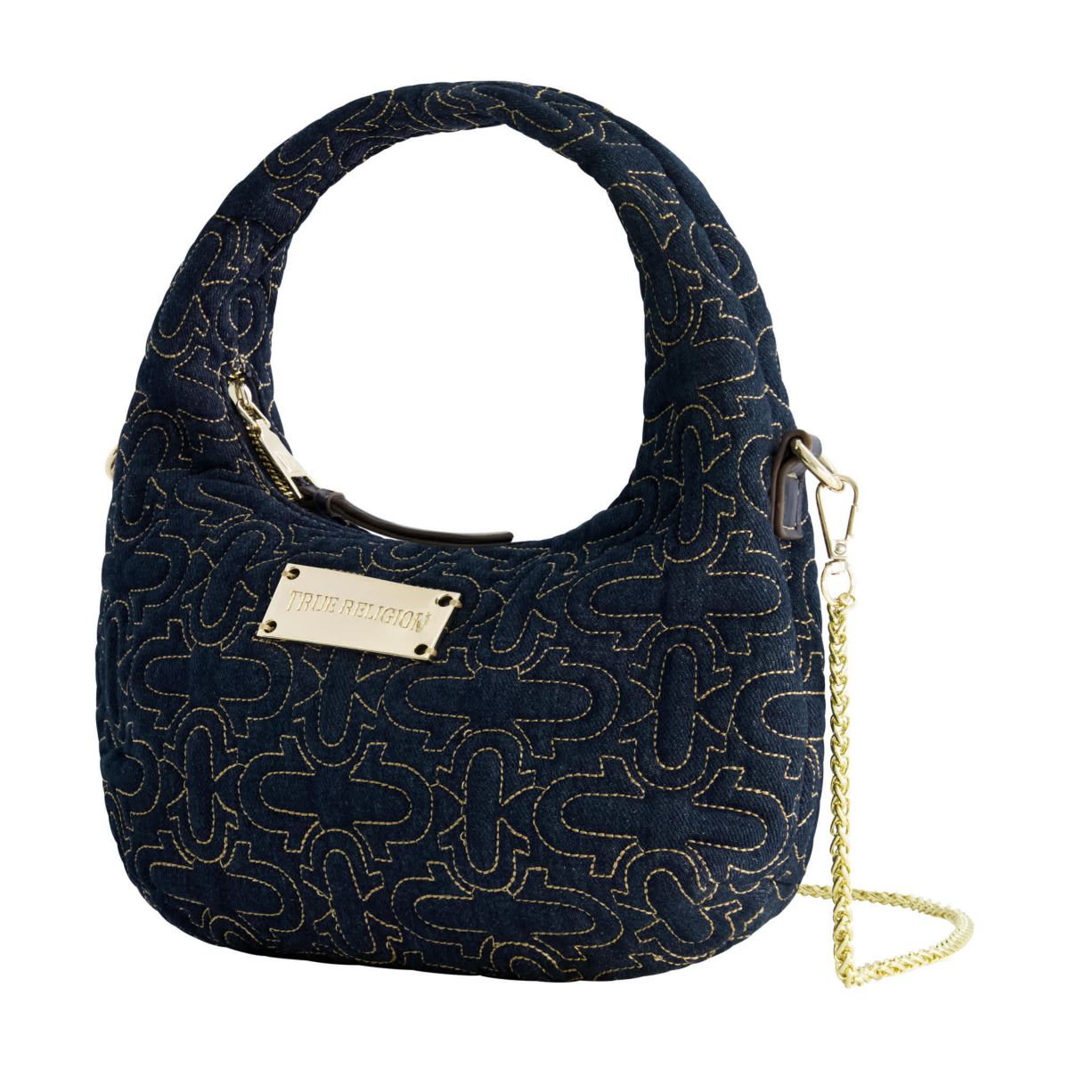 True Religion Womens Quilted Denim Hobo Bag with Gold Detailing