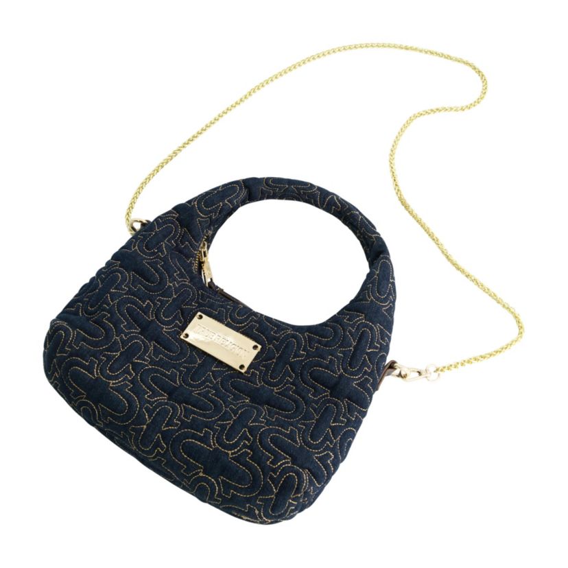 True Religion Womens Quilted Denim Hobo Bag with Gold Detailing