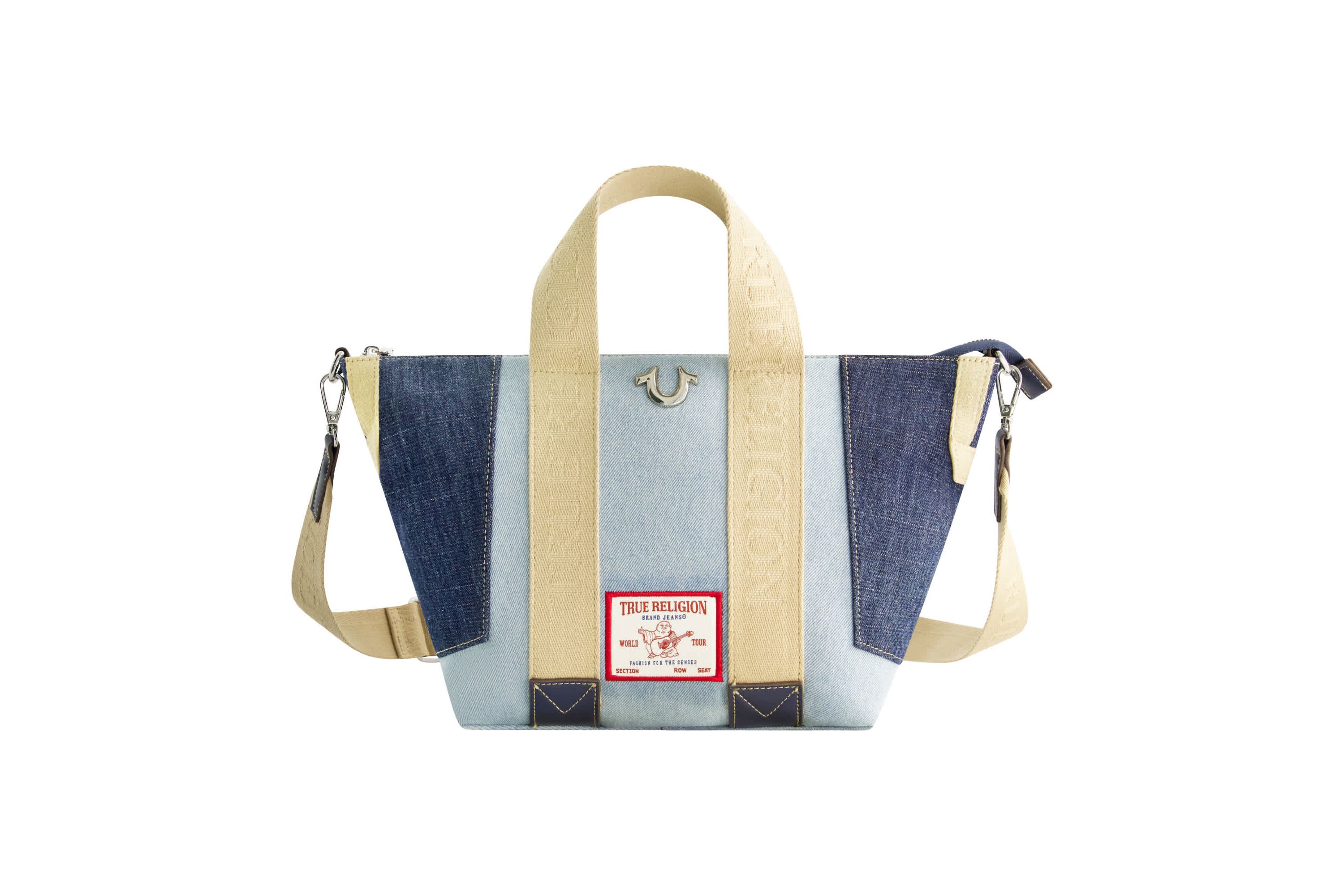 True Religion Licensed Patchwork Denim Tote Bag with Adjustable Strap