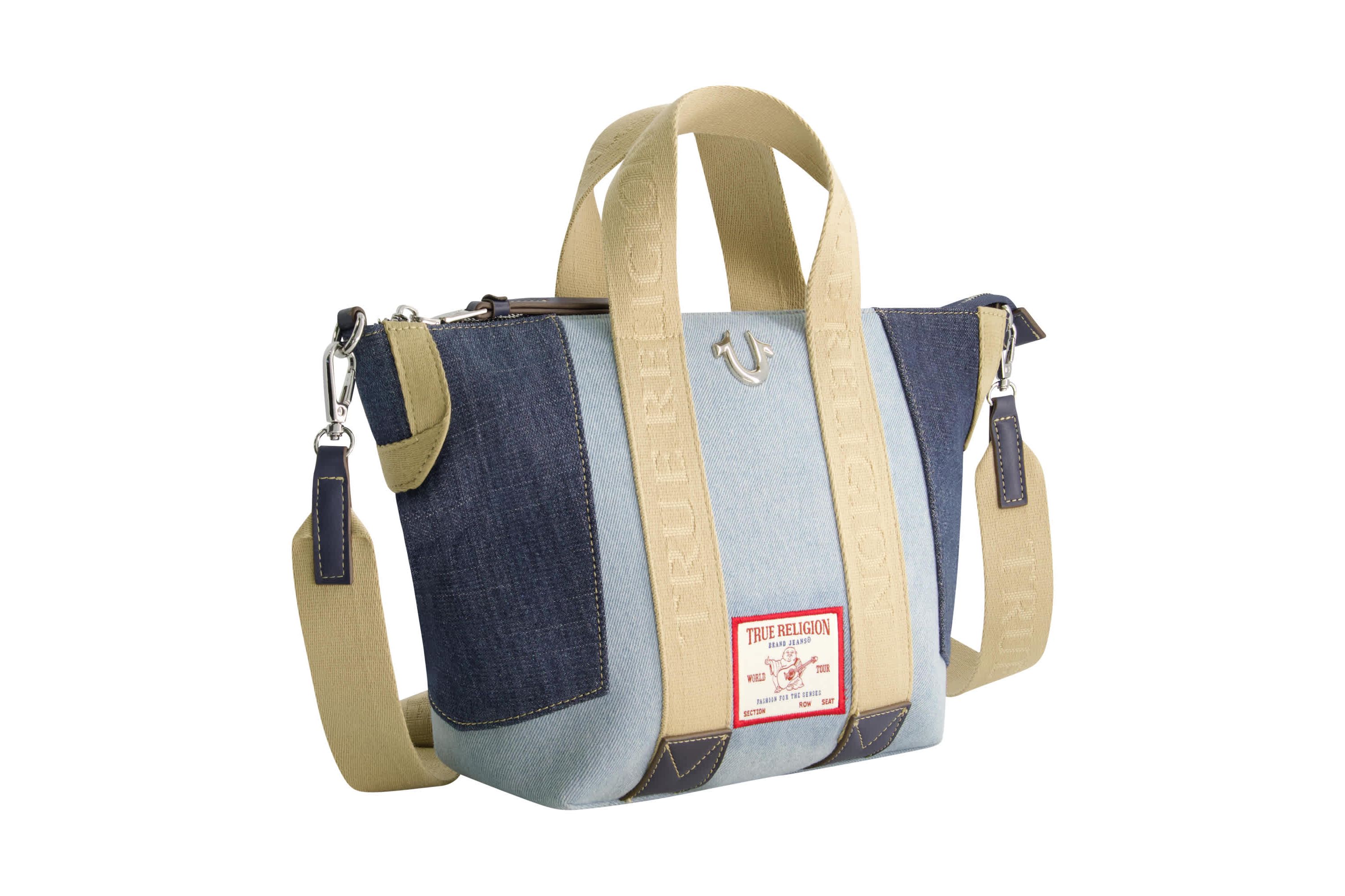 True Religion Licensed Patchwork Denim Tote Bag with Adjustable Strap
