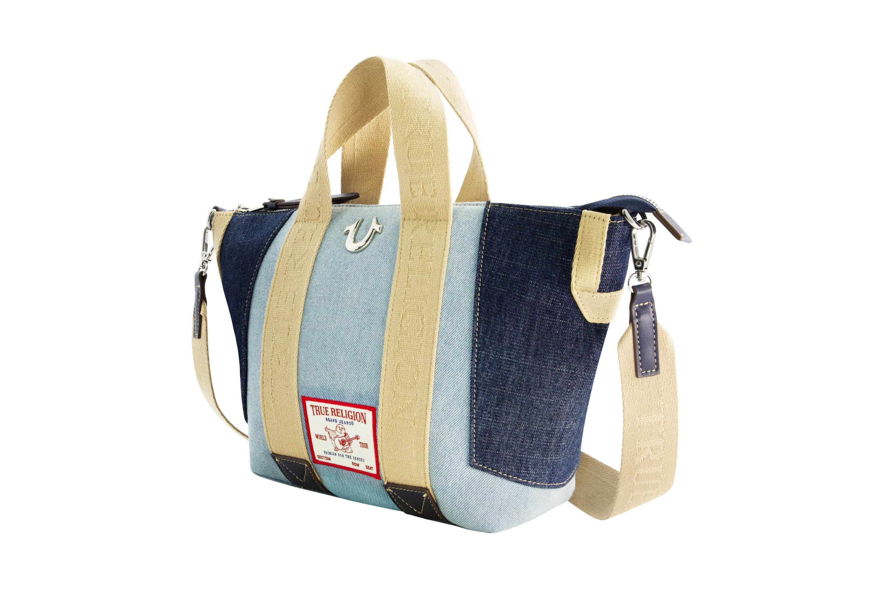 True Religion Licensed Patchwork Denim Tote Bag with Adjustable Strap