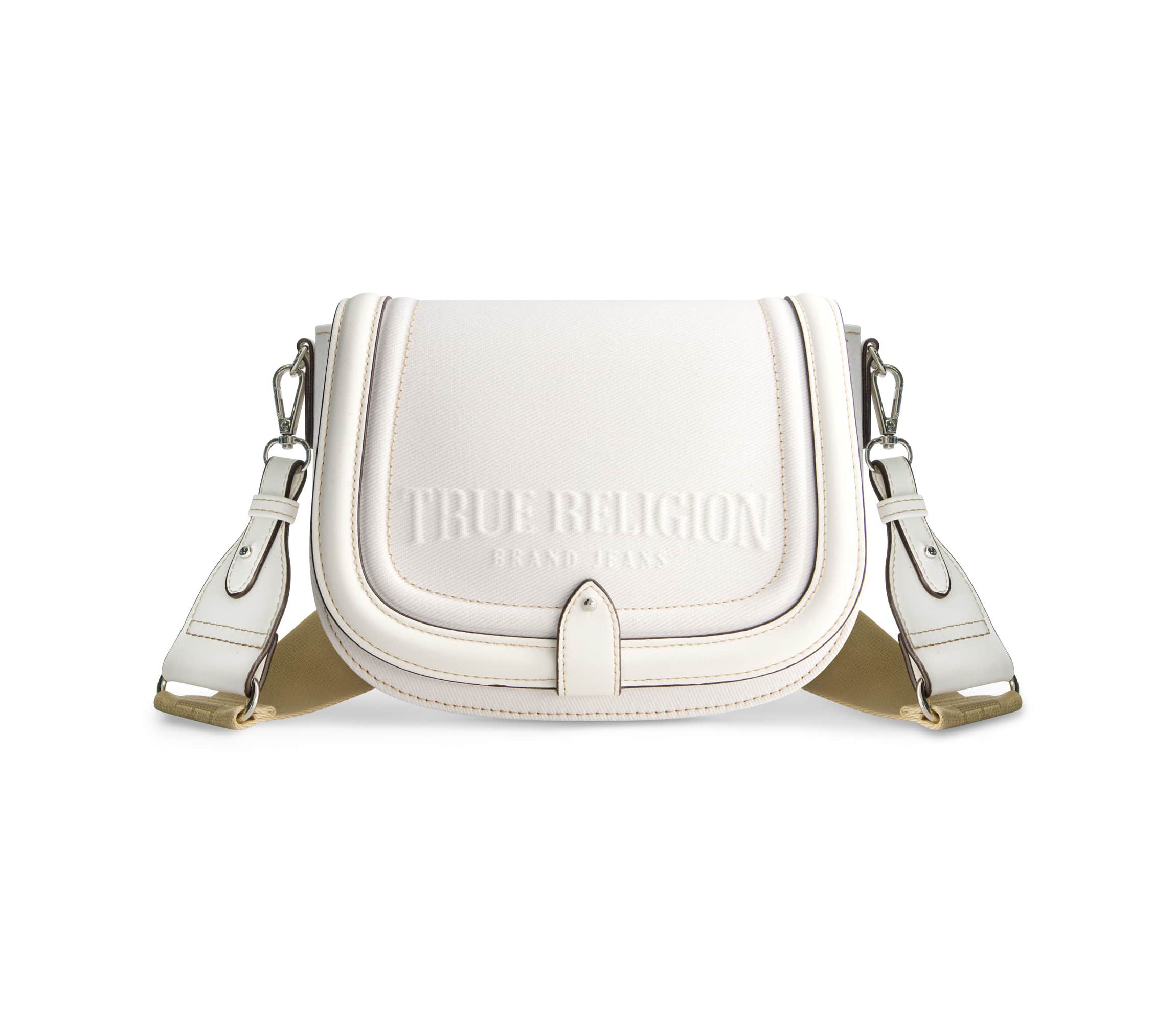 True Religion Distressed Logo Denim Saddle Bag