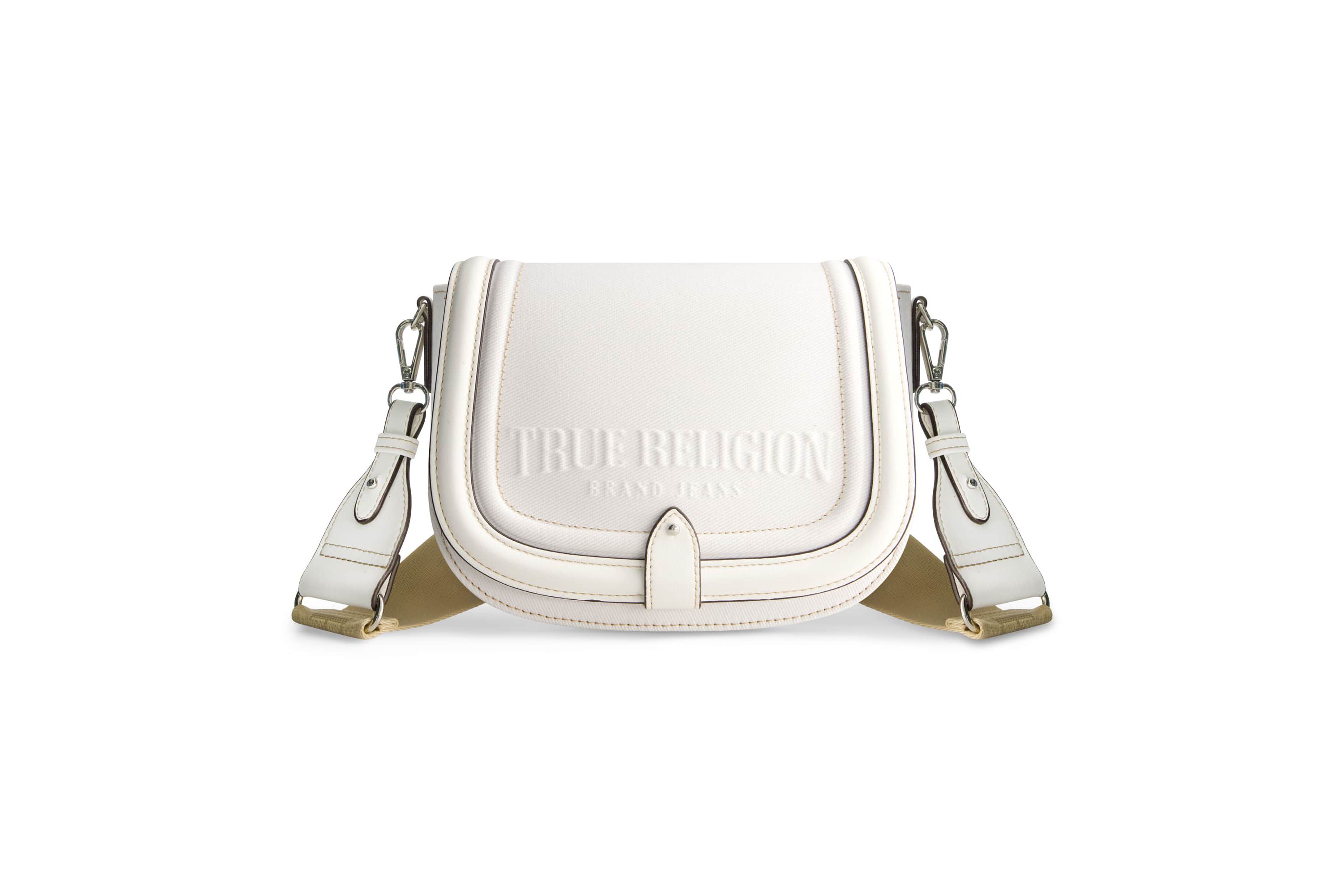 True Religion Distressed Logo Denim Saddle Bag