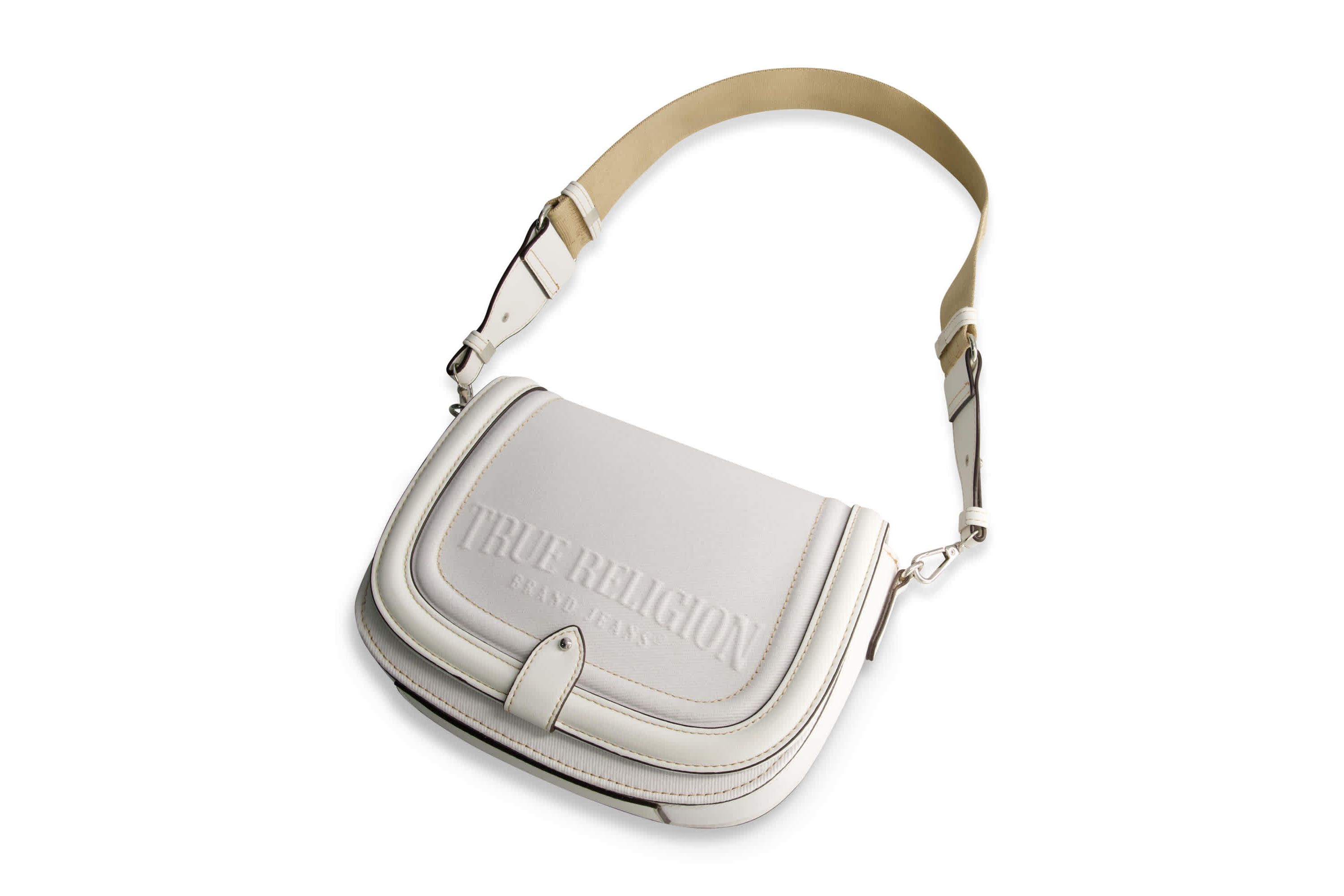 True Religion Distressed Logo Denim Saddle Bag