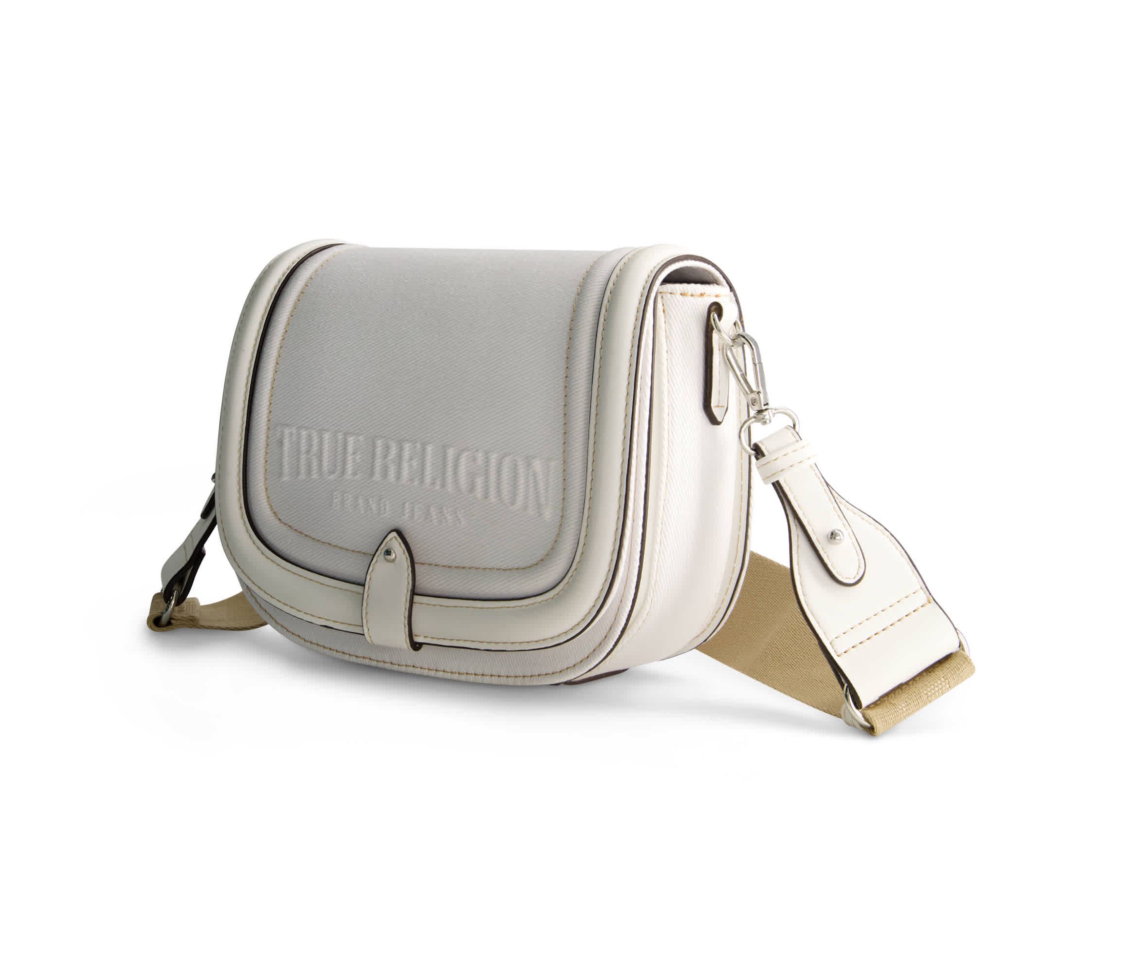 True Religion Distressed Logo Denim Saddle Bag