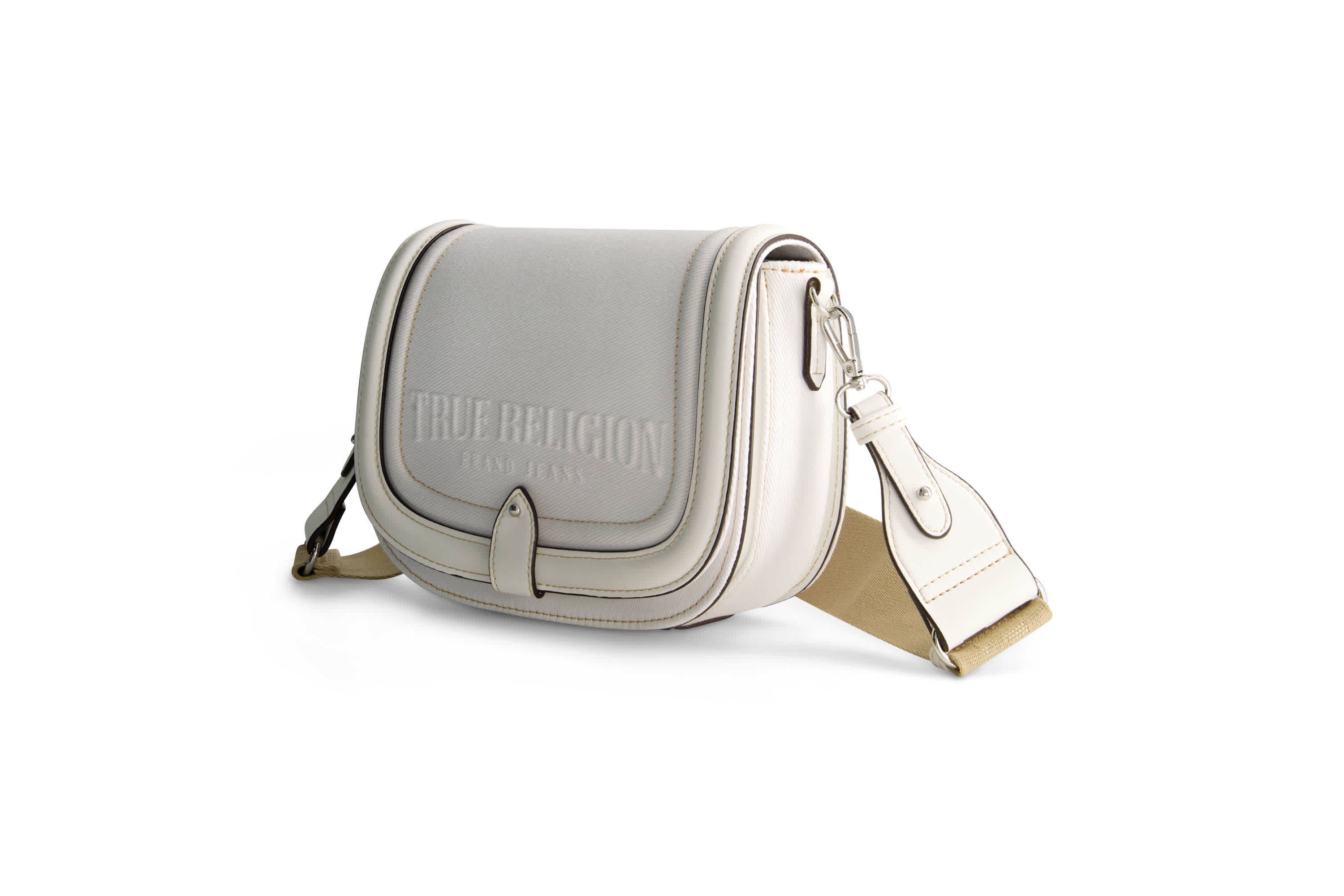 True Religion Distressed Logo Denim Saddle Bag
