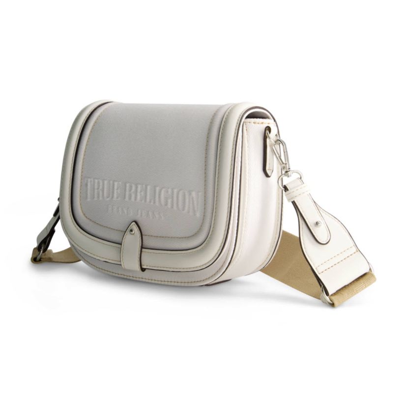 True Religion Distressed Logo Denim Saddle Bag