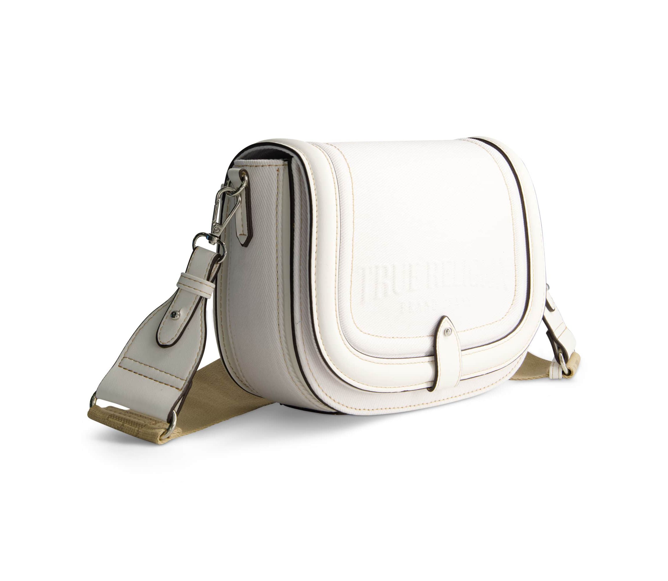 True Religion Distressed Logo Denim Saddle Bag