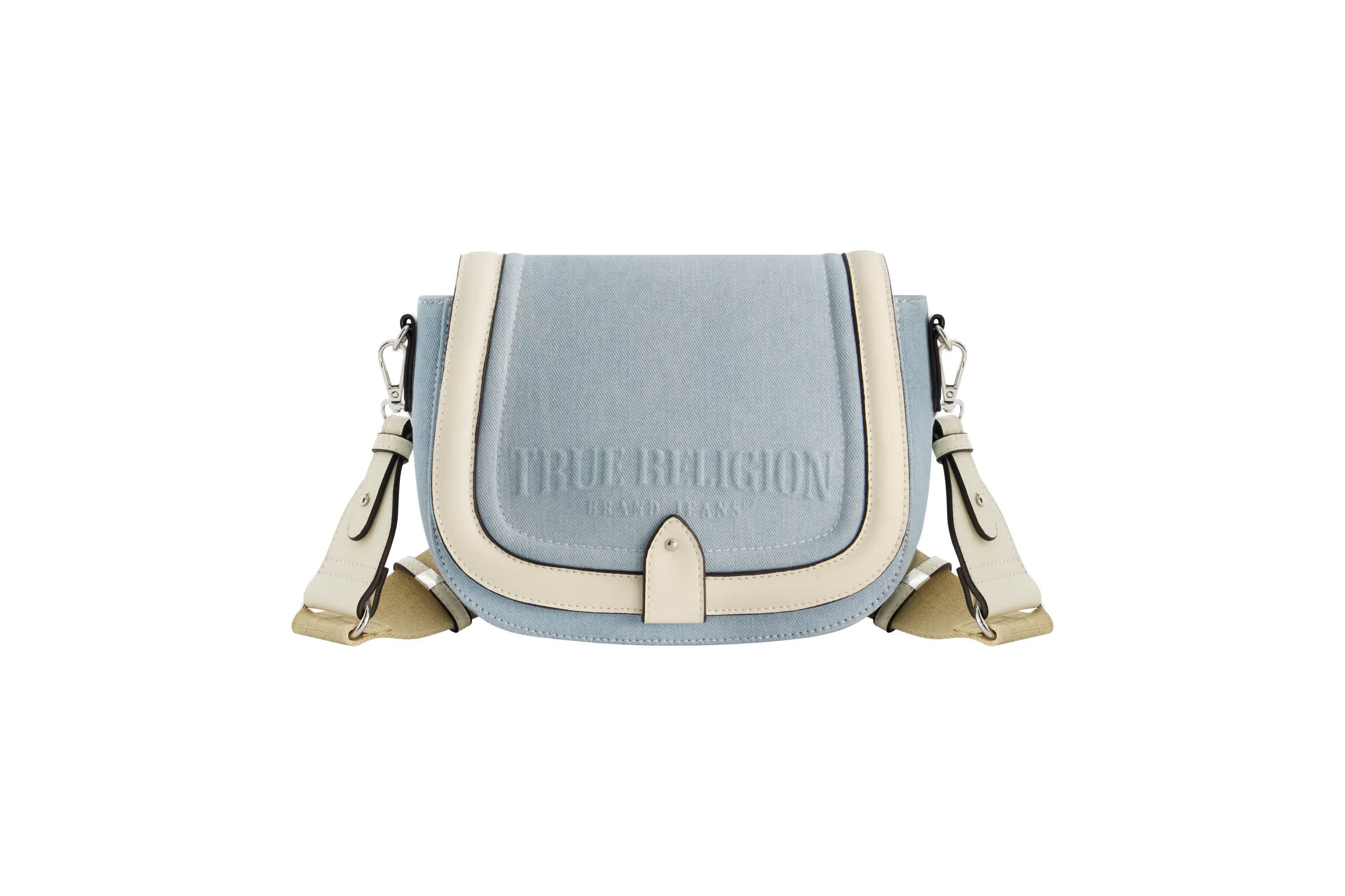 True Religion Distressed Logo Denim Saddle Bag