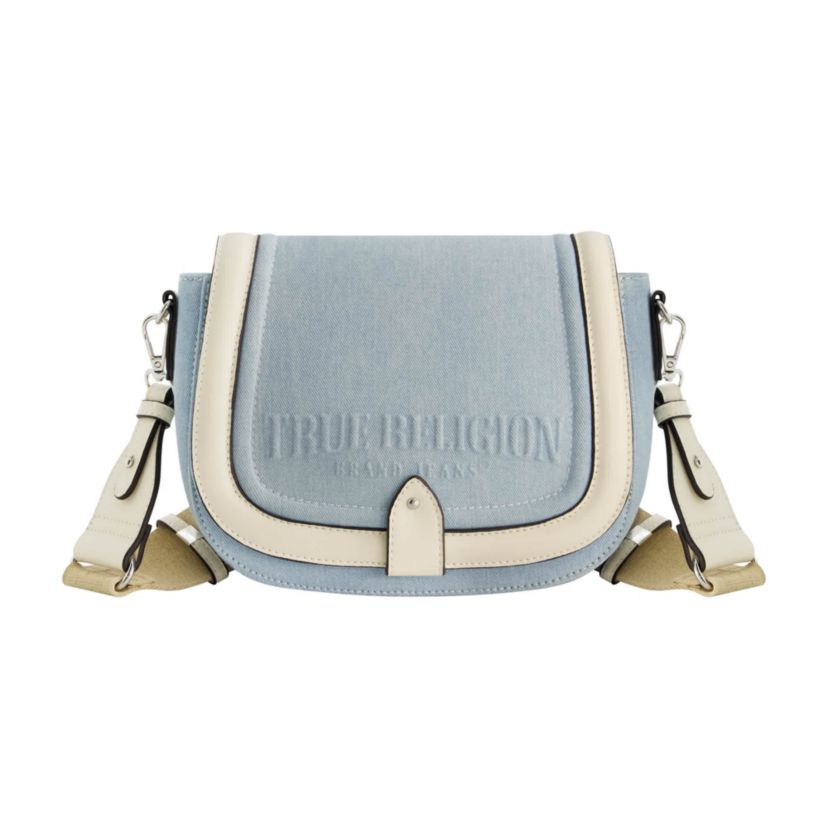 True Religion Distressed Logo Denim Saddle Bag