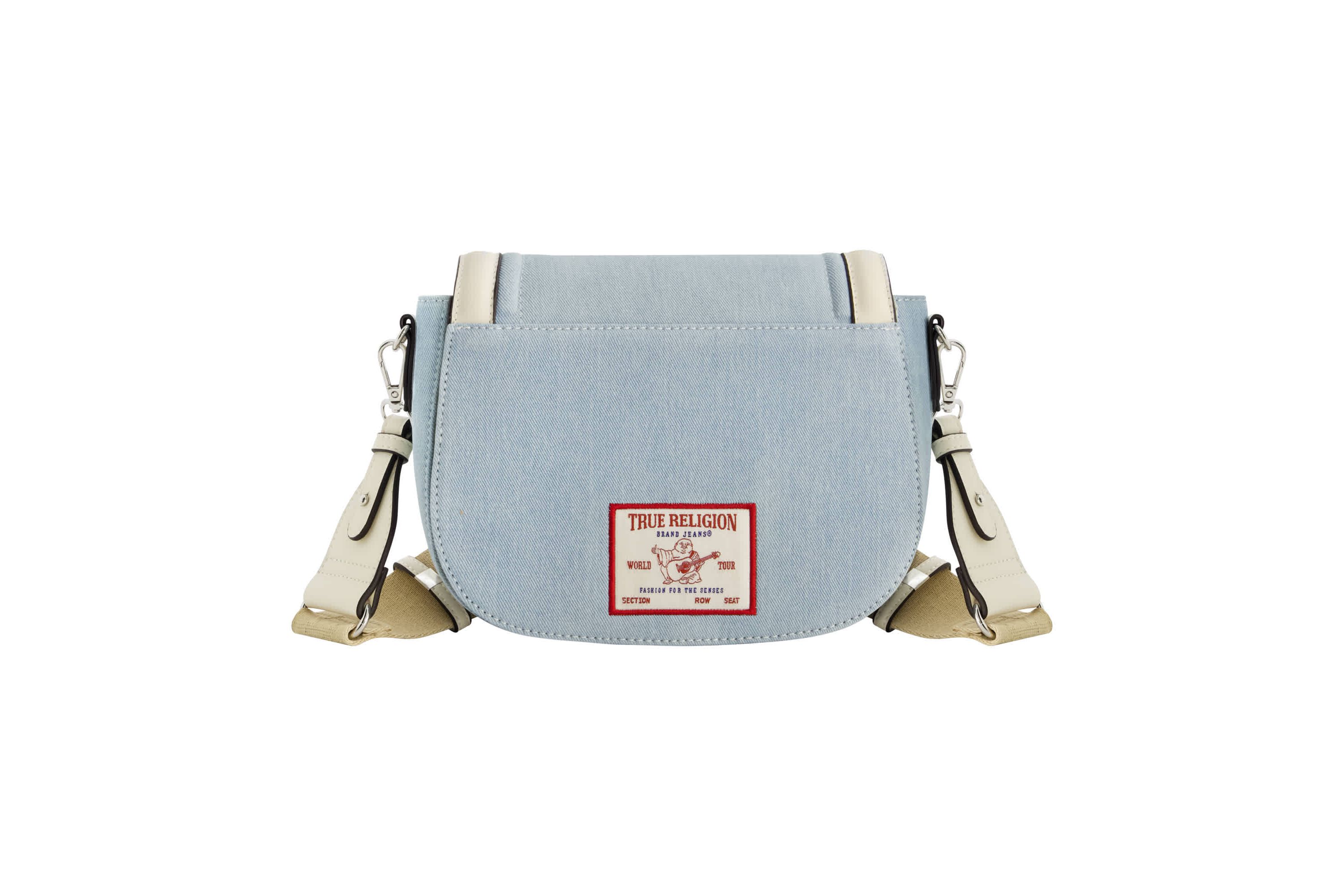 True Religion Distressed Logo Denim Saddle Bag
