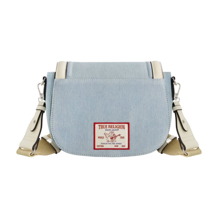 True Religion Distressed Logo Denim Saddle Bag