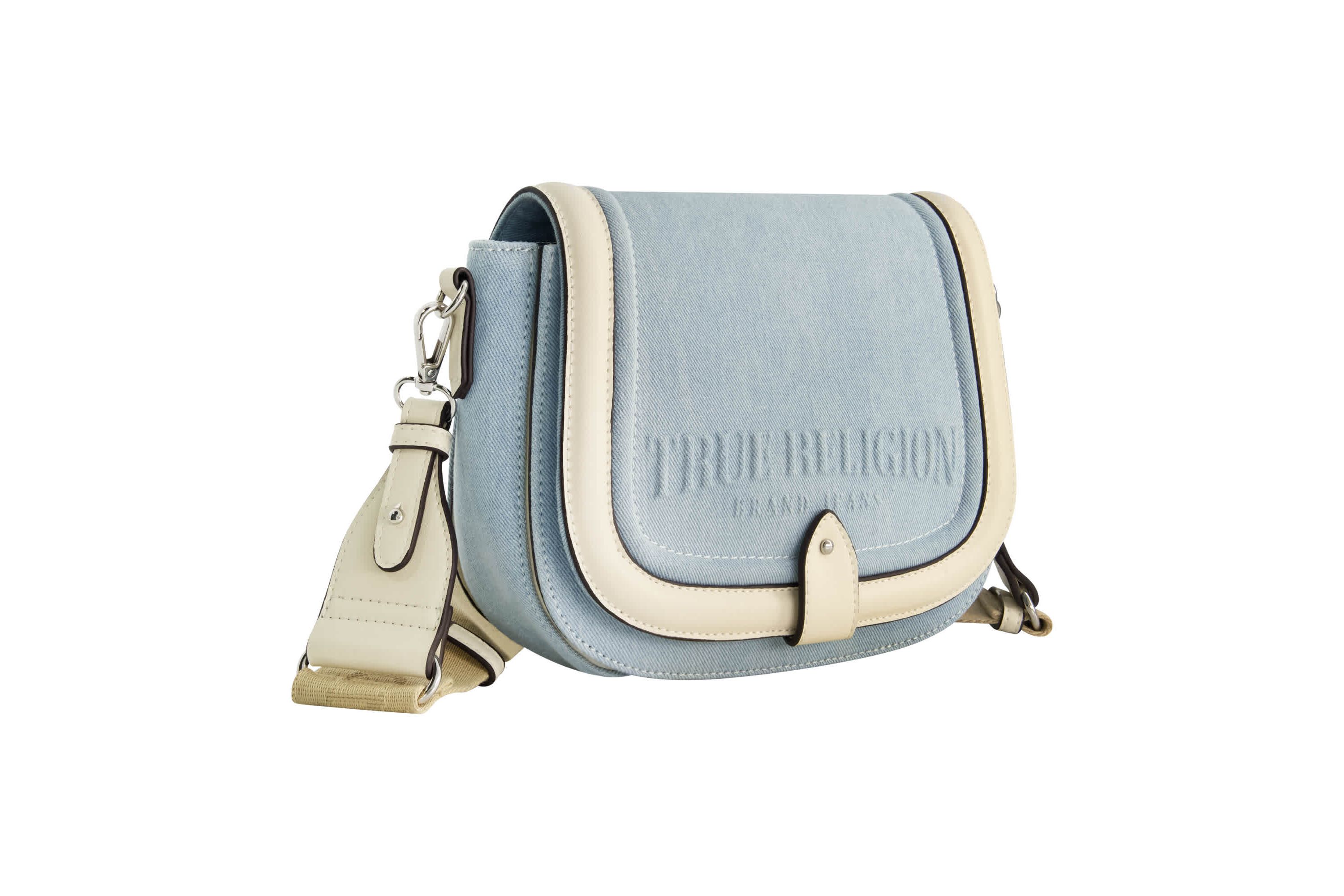 True Religion Distressed Logo Denim Saddle Bag