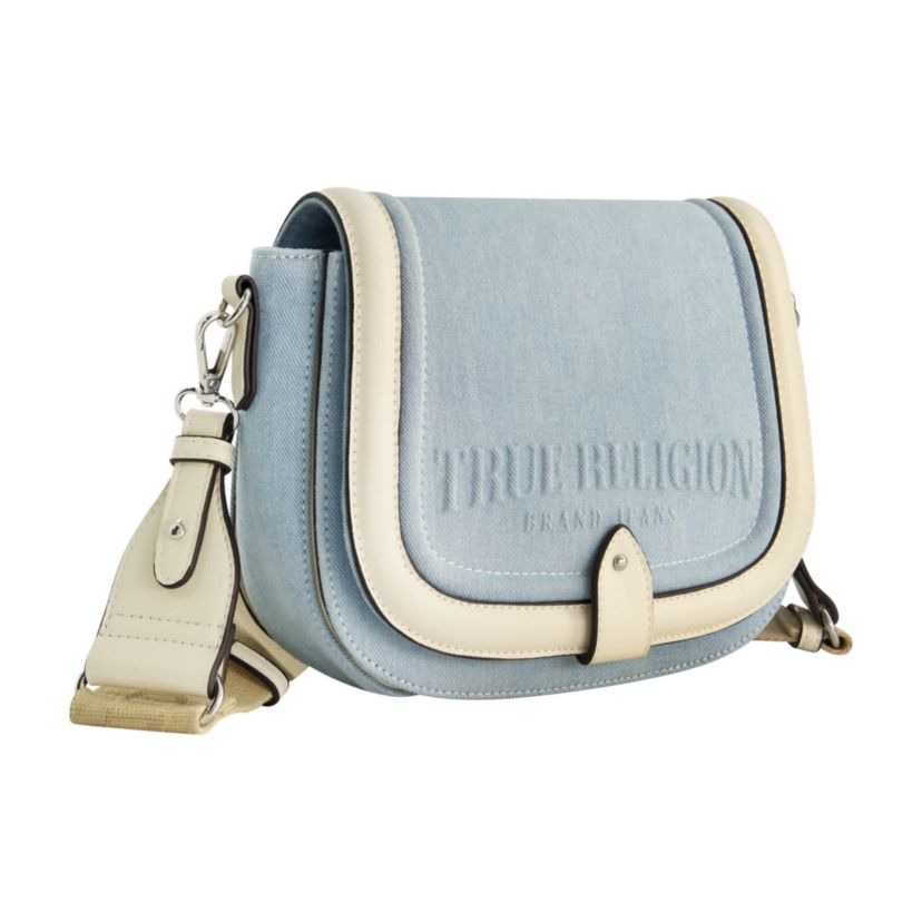 True Religion Distressed Logo Denim Saddle Bag