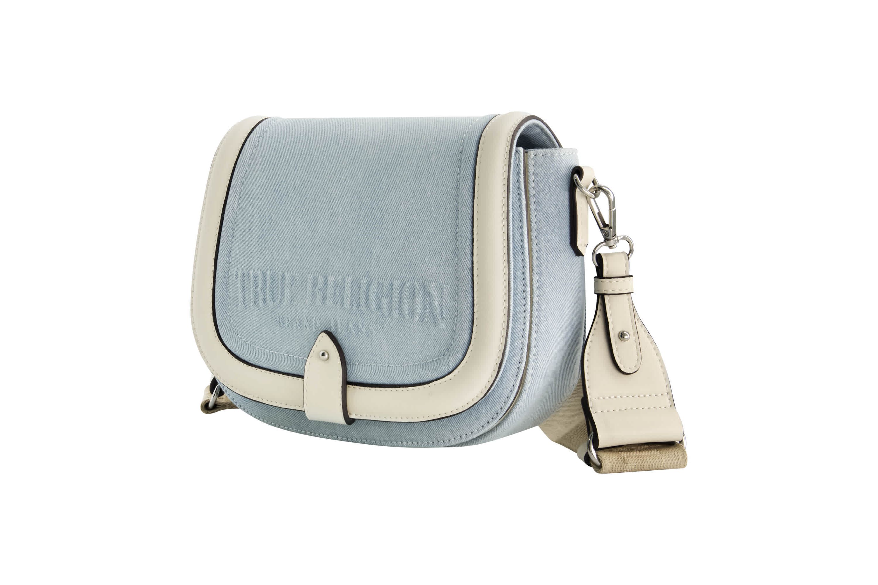 True Religion Distressed Logo Denim Saddle Bag