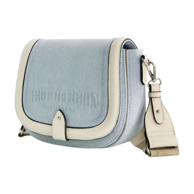 True Religion Distressed Logo Denim Saddle Bag