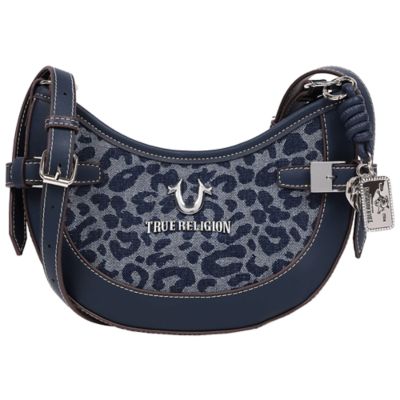True Religion Blake Leopard Denim Belted Hobo Bag, Navy Blue