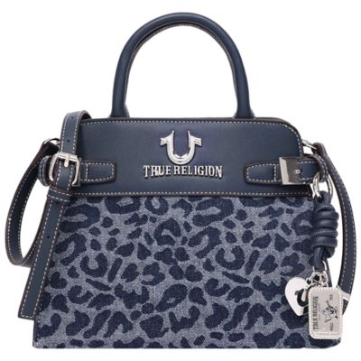 True Religion Beckham Leopard Denim Belted Tote, Navy Blue