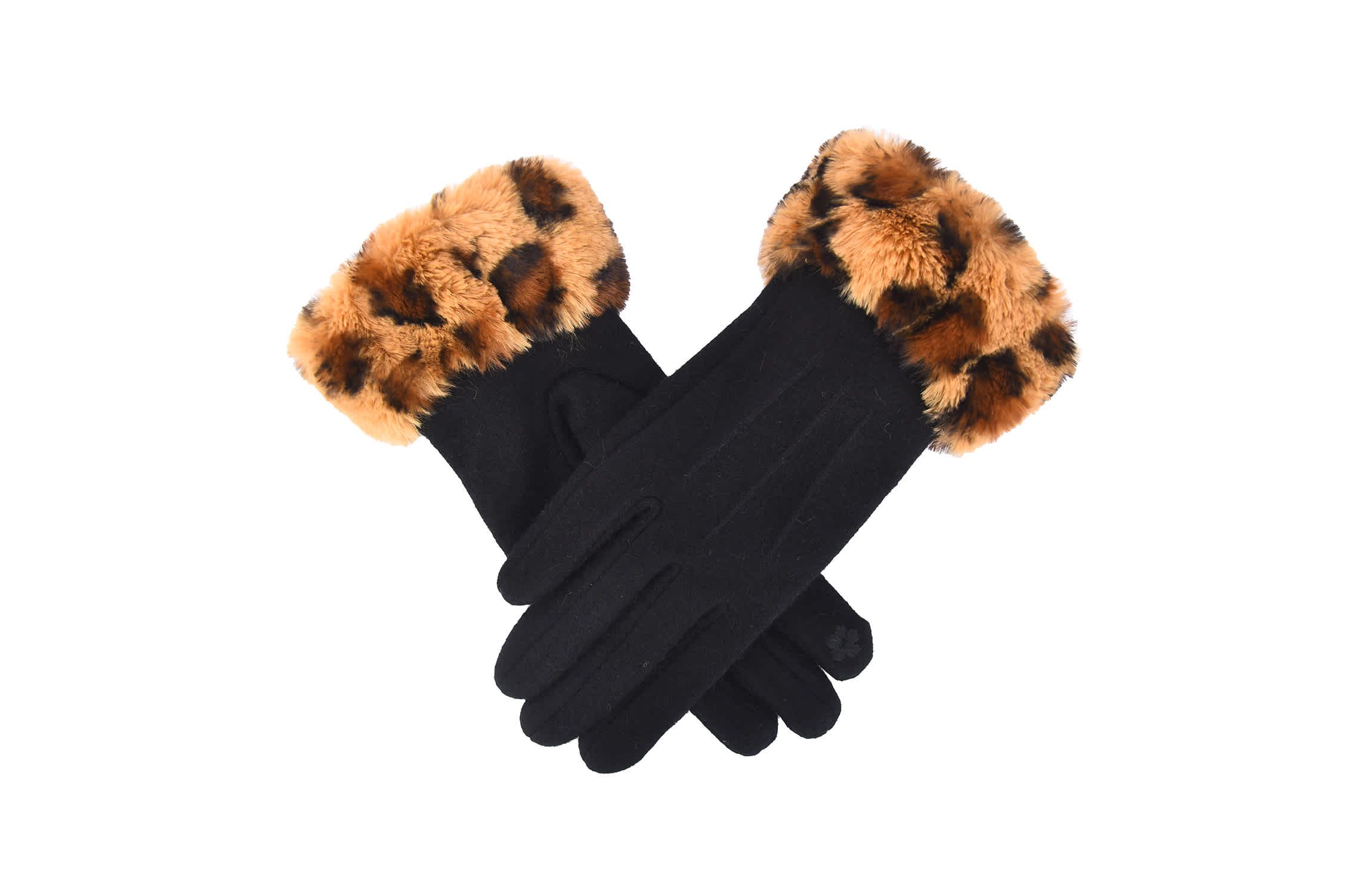 Women Wool Gloves with Faux Fur Leopard Print Cuffs