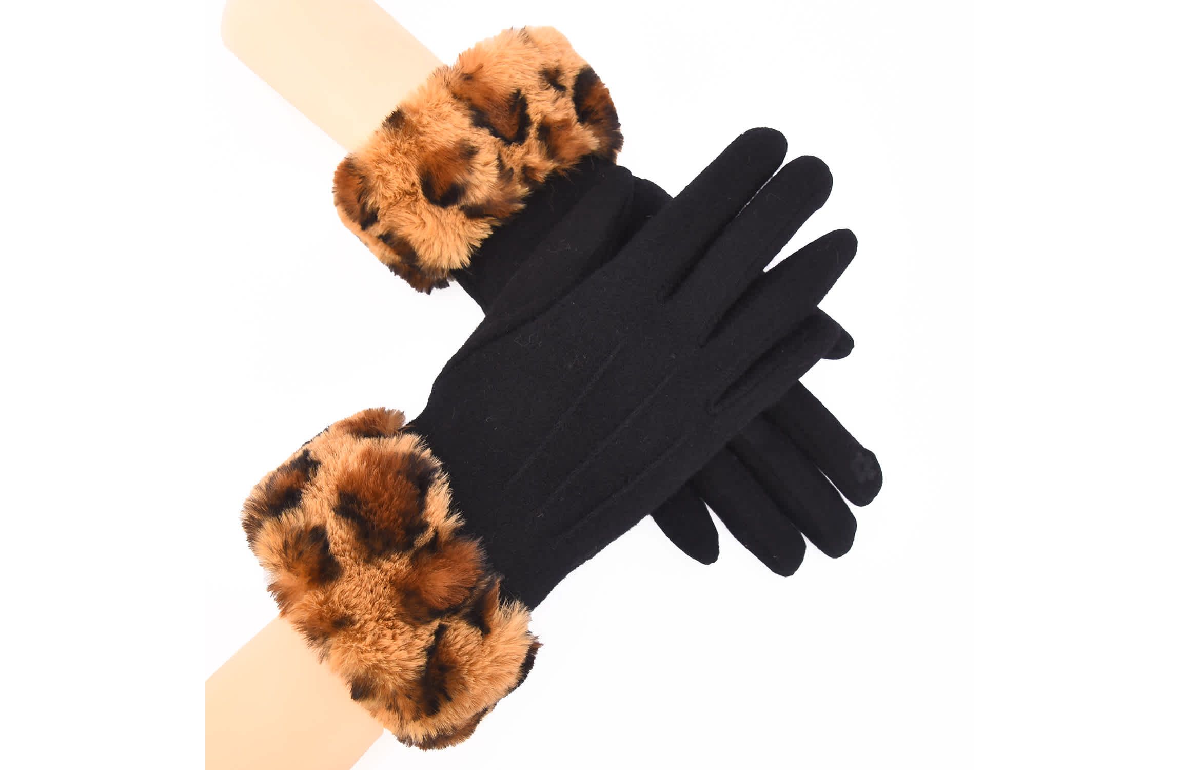 Women Wool Gloves with Faux Fur Leopard Print Cuffs