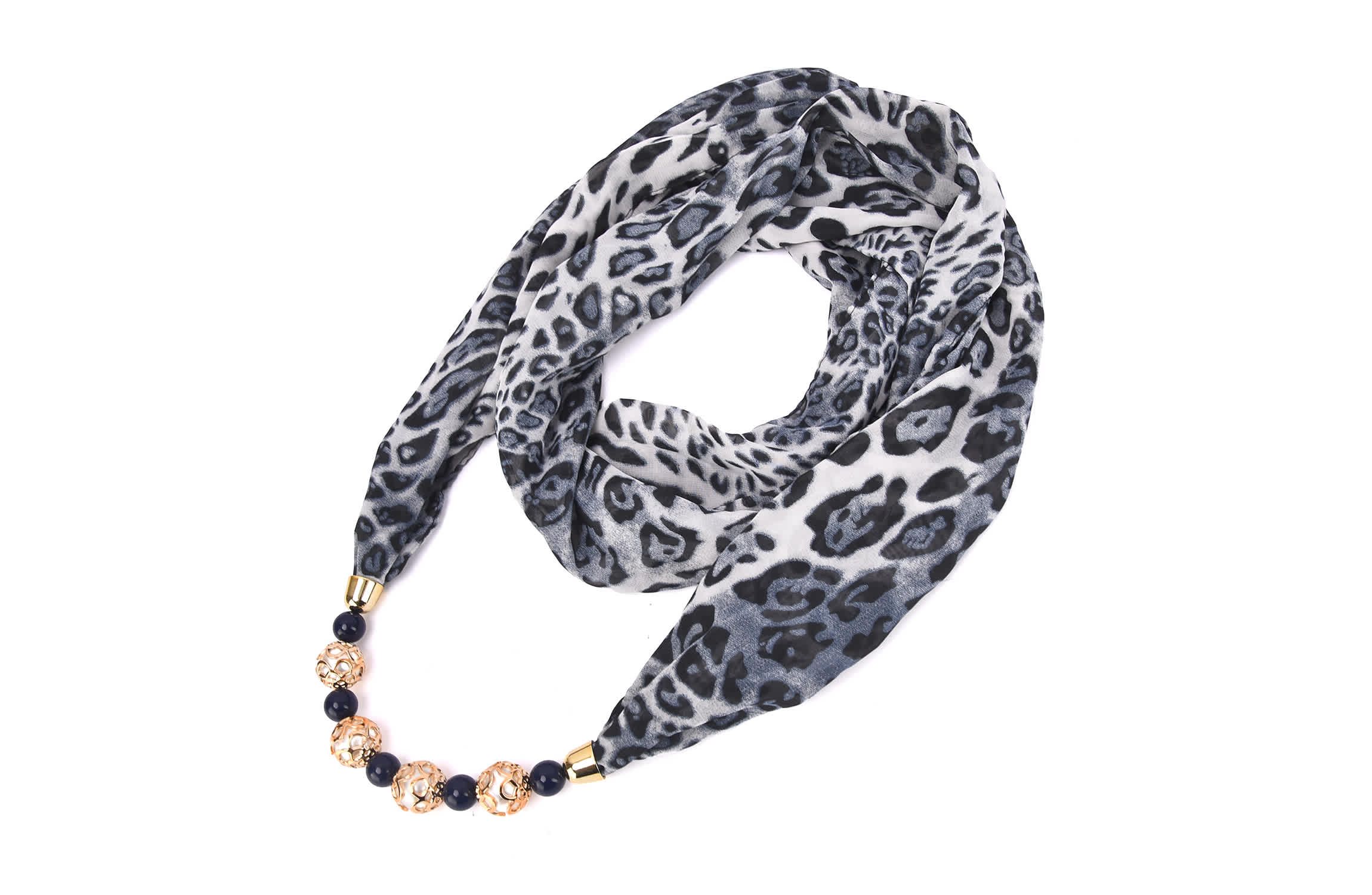 Womens Leopard Printed Infinity Scarf with Beaded Pearls