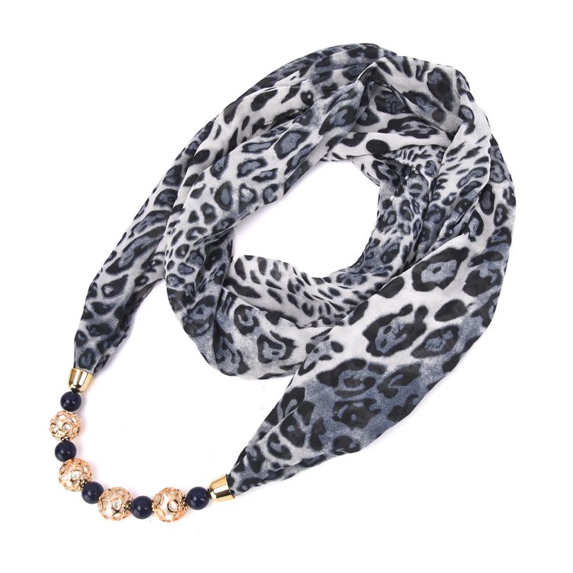 Womens Leopard Printed Infinity Scarf with Beaded Pearls