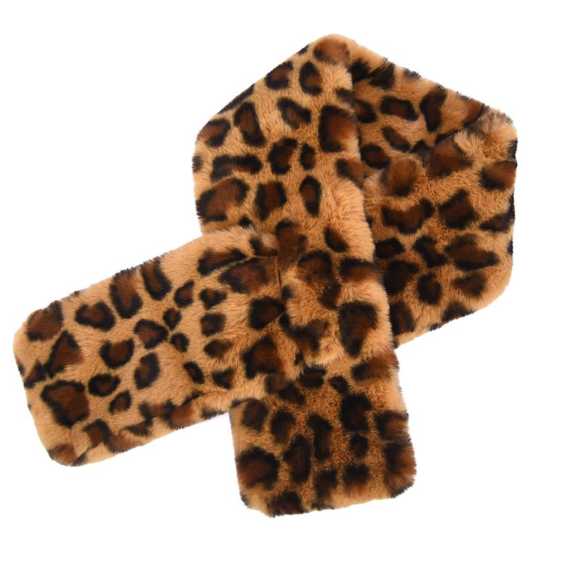 Womens Leopard Print Plush Faux Fur Pull Through Scarf
