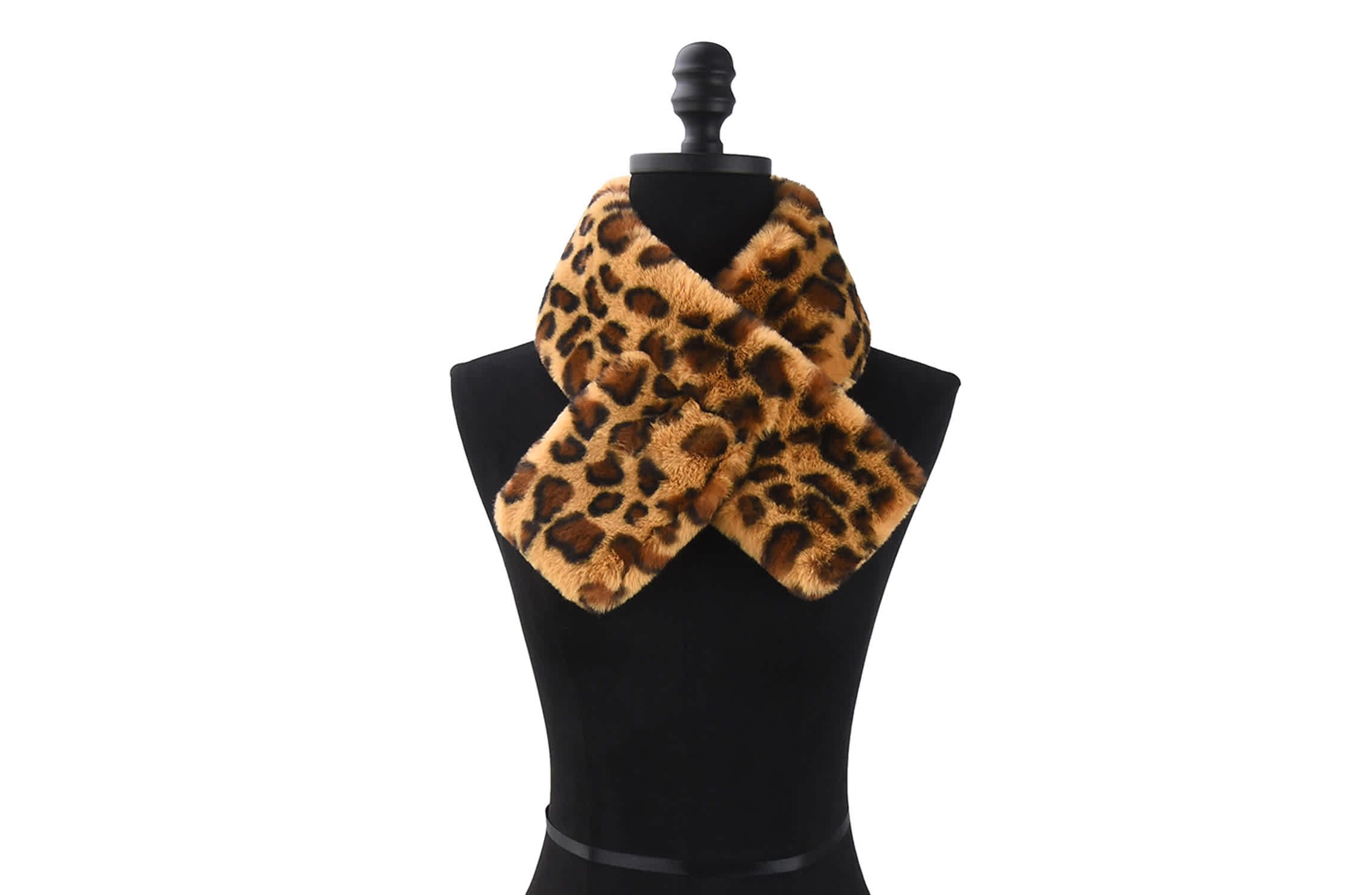 Womens Leopard Print Plush Faux Fur Pull Through Scarf