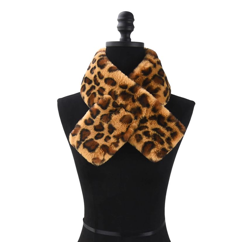 Womens Leopard Print Plush Faux Fur Pull Through Scarf