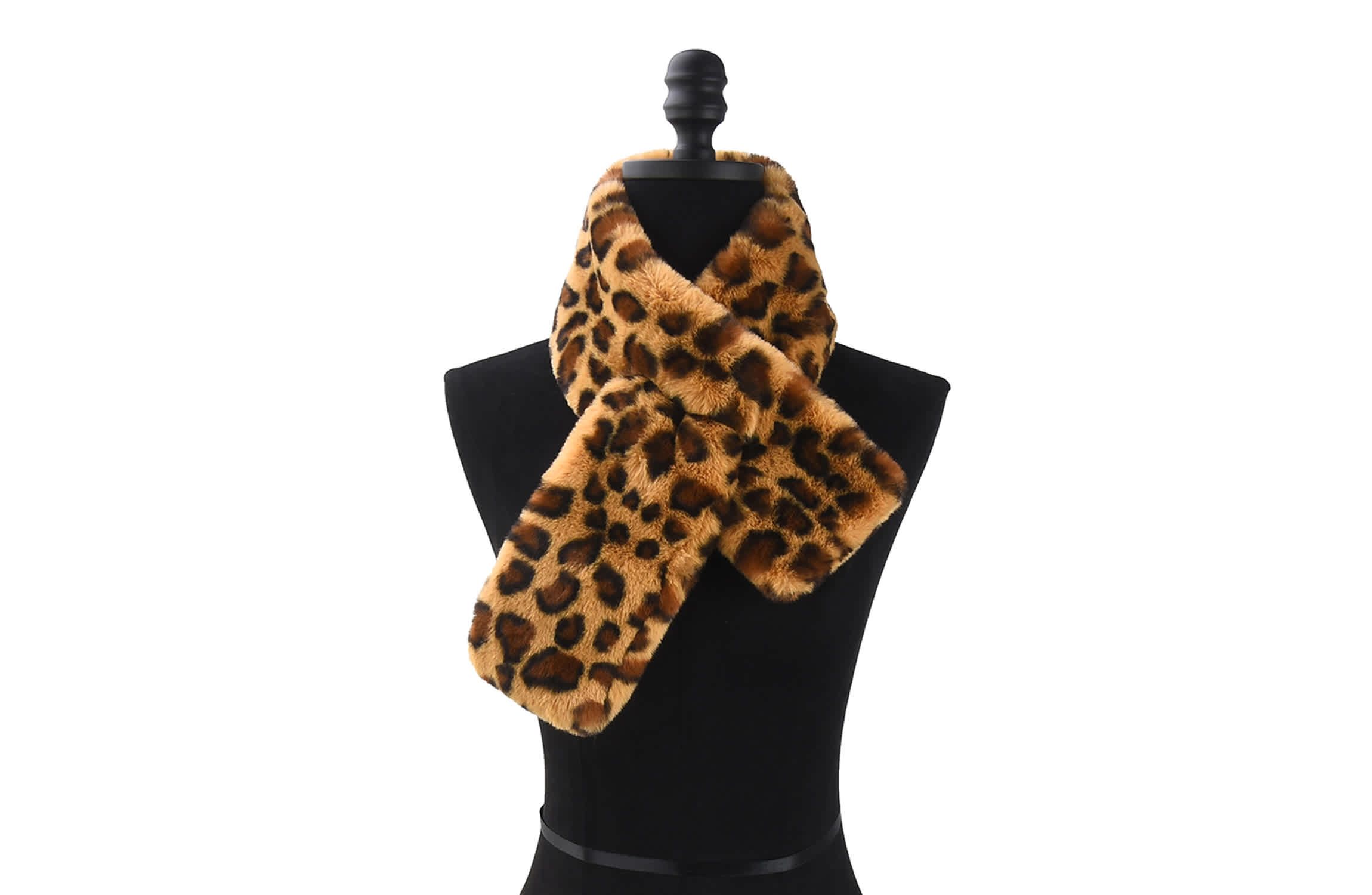 Womens Leopard Print Plush Faux Fur Pull Through Scarf