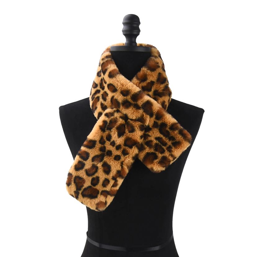 Womens Leopard Print Plush Faux Fur Pull Through Scarf