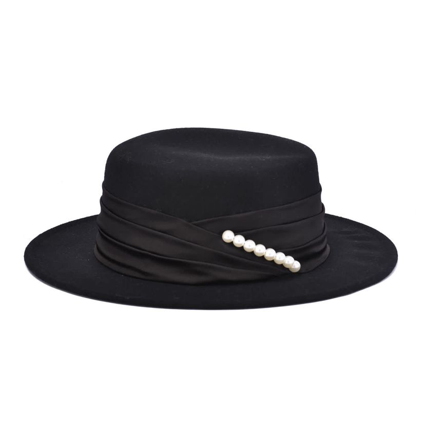 Womens Flat Top Hat With Pearl Accent