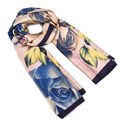 Mellow World Women's Luxurious Floral Printed Wrap Scarf, Navy Blue