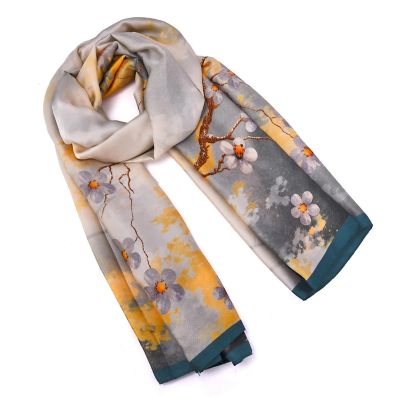 Mellow World Women's Luxurious Floral Printed Wrap Scarf, Blue