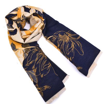 Mellow World Women's Reversible Floral Print Wrap with Fringe, Navy Blue