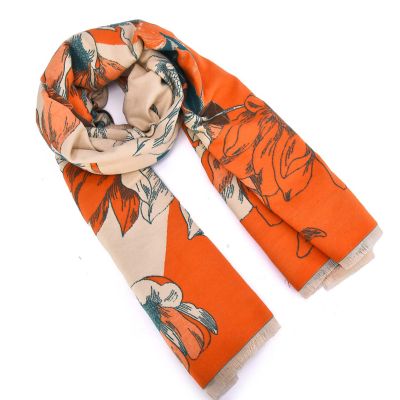 Mellow World Women's Reversible Floral Print Wrap with Fringe, Orange