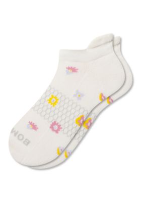 Bombas Women's Solid Tossed Abstract Flowers Ankle Socks, White, Medium