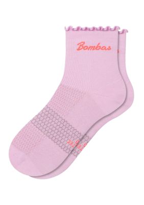 Bombas Women's Solid Frilly Cuff Lightweight Performance Quarter Socks, Pink, Medium