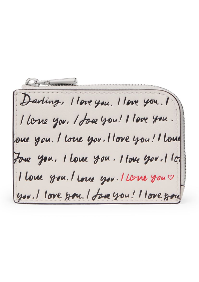 "I Love You" Embossed Leather Mini Zip Card Case 