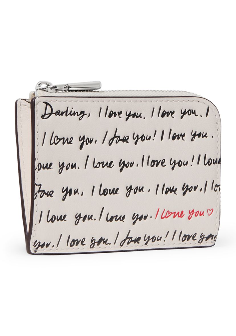 "I Love You" Embossed Leather Mini Zip Card Case 